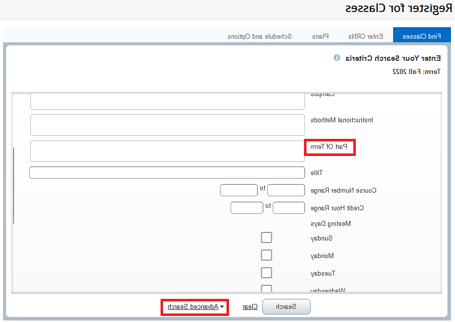 显示“注册类”页面 with the "Advanced 搜索" functionality enabled highlighting "Part of Term"