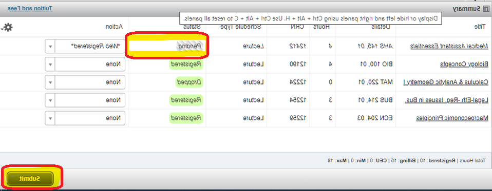 Summary section shown with the "Pending" status next to the course is highlighted.