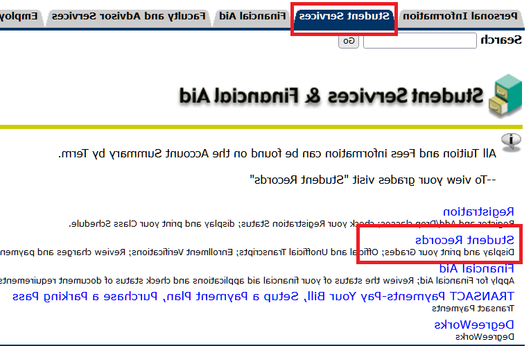 Self Service Banner "学生服务" page highlighting "Student Records" link